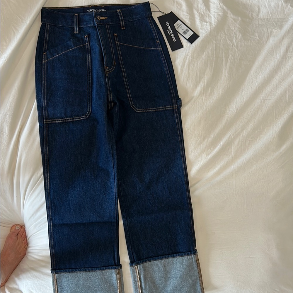 Veronica Beard Blue Relaxed Jeans with Two-Tone Cuff